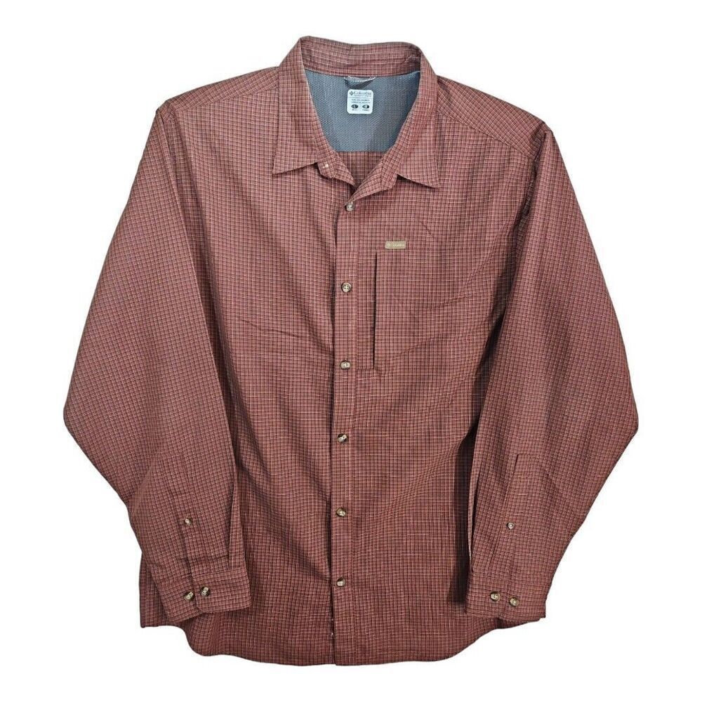 Columbia Long Sleeve Zipper Pocket Button Up Shirt Maroon Plaid Large